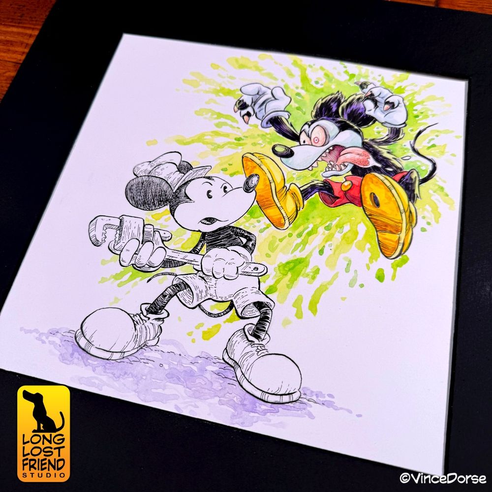 Illustration of Steamboat Willie and Runaway Brain Mickey. Steamboat Willie is inked with a dip pen. Runaway Brain Mickey is inked with brush pen, finalizers, and painted with watercolor. Art by Vince Dorse.