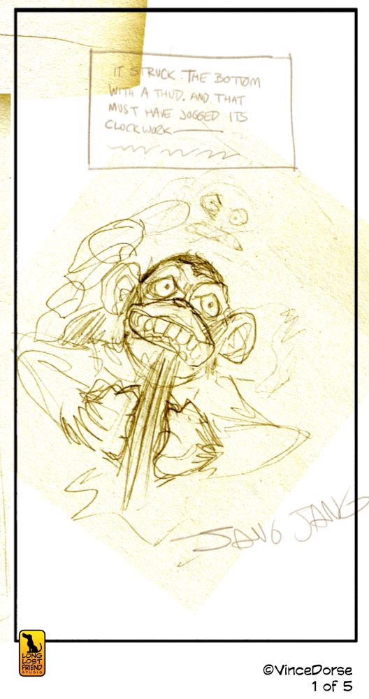 rough pencils for comic panel showing toy monkey at the bottom of a well clapping its cymbals together
