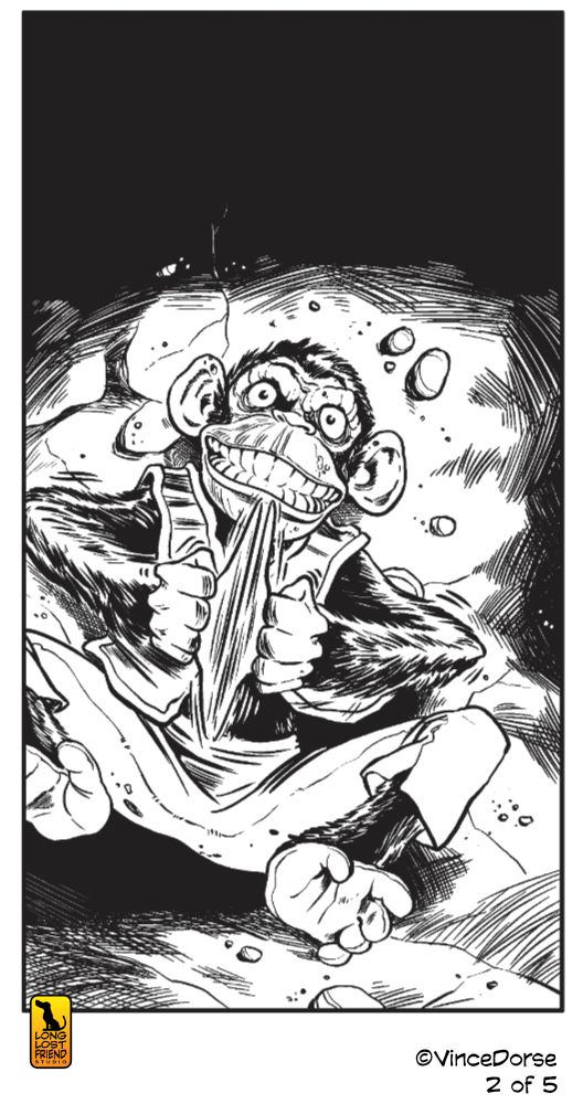 digital inks for comic panel showing toy monkey at the bottom of a well clapping its cymbals together