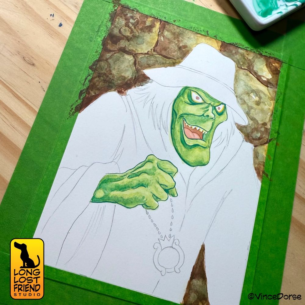 Work in process of Scooby Doo villain Ghost of Mr. Hyde, painted by Vince Dorse in watercolor.