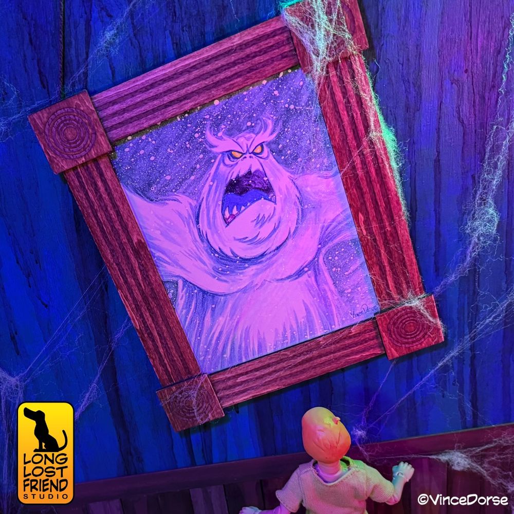 Watercolor portrait of The Snow Ghost from Scooby Doo. The portrait hangs on the wall of a gallery diorama and is surrounded by cobwebs. An action figure of Shaggy is looking at the portrait. Watercolor is painted by Vince Dorse.