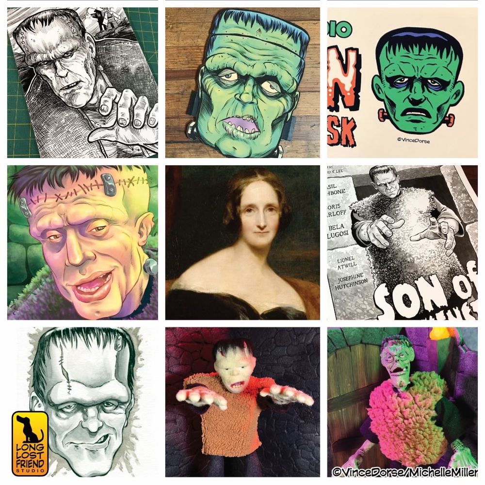 Nine square of all the Frankenstein's Monster we've illustrated and sculpted. Art by Vince Dorse and Michelle Miller