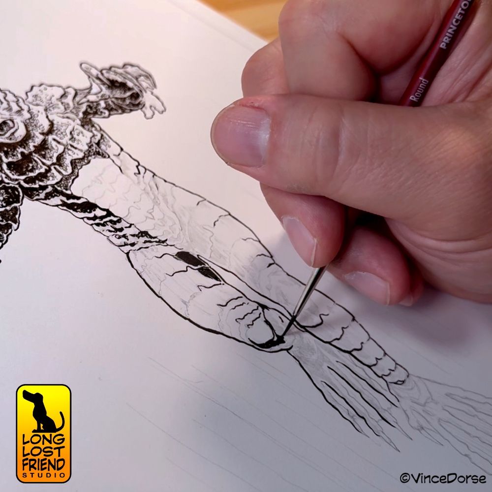 Beginning inks on the Creature from the Black Lagoon sketch. The ink lines, texture, and shadow are being brushed in as the creature takes shape.