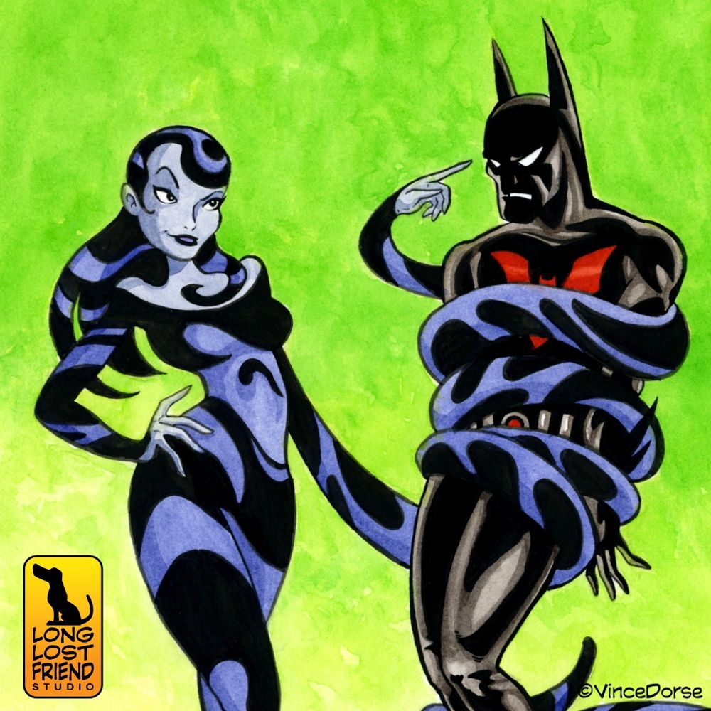 Ink and watercolor illustration of Inque and Batman Beyond by Vince Dorse.
