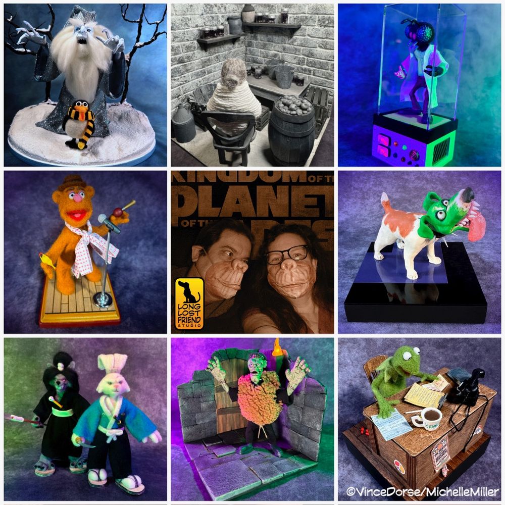 9-grid square for art vs artist. clockwise from top right: Winter Warlock and Topper diorama, Psycho mother in fruit cellar diorama, The Fly diorama, Milo from the Mask sculpture, Kermit the Frog at his desk diorama, Flexenstein Monster diorama, needle felted Usagi Yojimbo and Jei, needle felted Fozzie Bear on stage with microphone. Center Square is Vince Dorse and Michelle Miller attending Kingdom of the Planet of the Apes in goofy homemade N95 ape masks