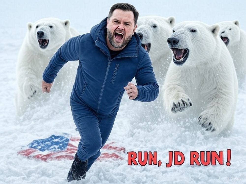 Meme of Vance being pursued by polar bears. A shredded US flag lies on the snow.