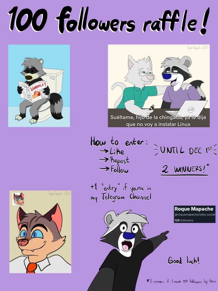 Poster with 3 examples of my art, plus Roque pointing at the follower count.

The text is the same as the post. 