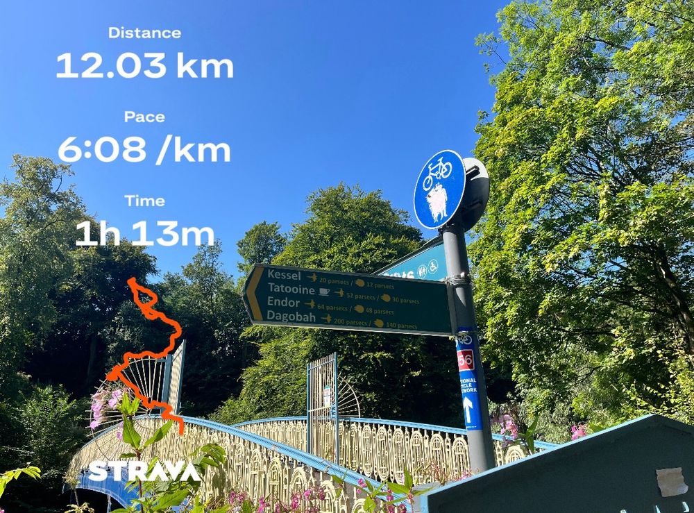 A photo of a signpost next to a bridge over the river Kelvin, taken on a sunny day. The signpost has been altered to show the distances to Kessel, Tattoine, Endor, and Dagobah. Strava stats on the left hand side show a 12km run done in 1hr and 13mins
