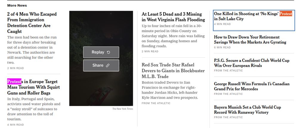 Portion of the NY Times homepage showing the only mention of the massive anti-Trump, pro-democracy protests yesterday: a reference to the killing of a protester in Utah.