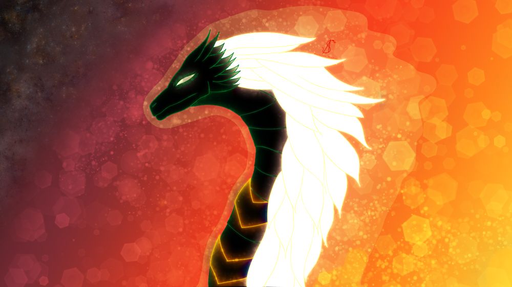 Space environement
Background: On the Right a blazing sun from up close yellow and then going dark on the left. Some shine particules everywhere
In the foreground the Character. A huge Serpent/dragon. black scales, yellow eyes, greenish outlines for their dragonic spiky head, their back is covered with golden white lights feathers/mane. They wore two golden outline arrows on the lower part of their "neck" and they are surrounded by a golden aura.