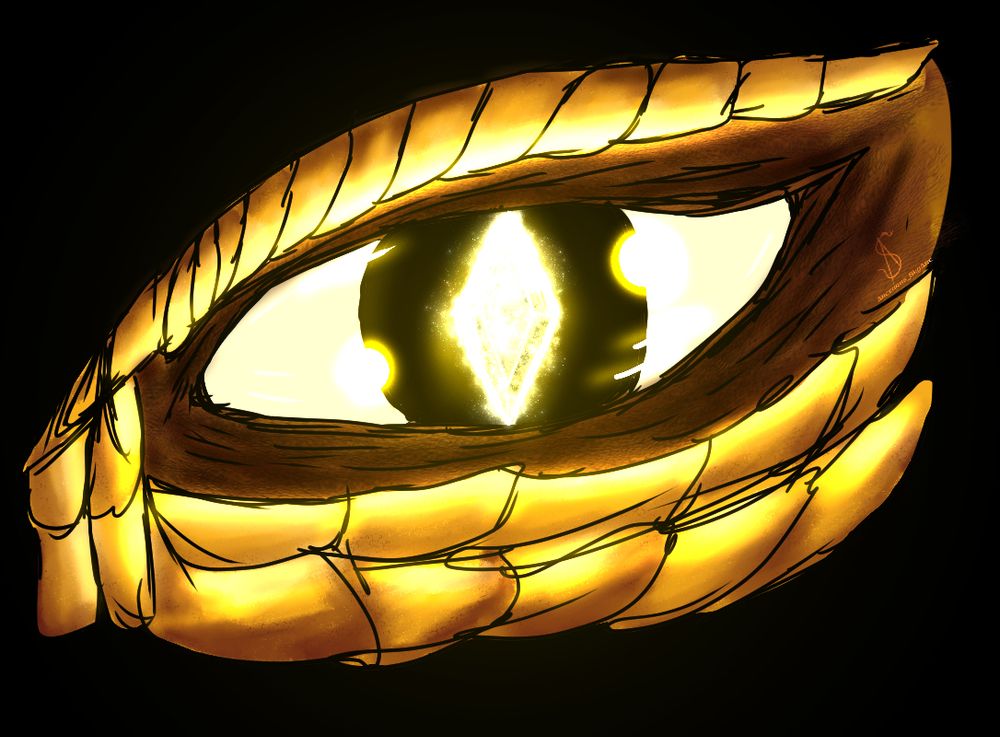 The image showcases a mesmerizing golden dragon eye, featuring intricate scales surrounding the iris. The vibrant iris is a rich gold, shimmering with hints of green and orange, while the pupil is a stunning crystal, reflecting light in various hues. The eye exudes a sense of power and mystique, with detailed textures that highlight the dragon's fierce nature. Long, dark eyelashes frame the eye, enhancing its captivating gaze. This striking composition beautifully captures the essence of a mythical creature, blending elegance with an air of mystery.