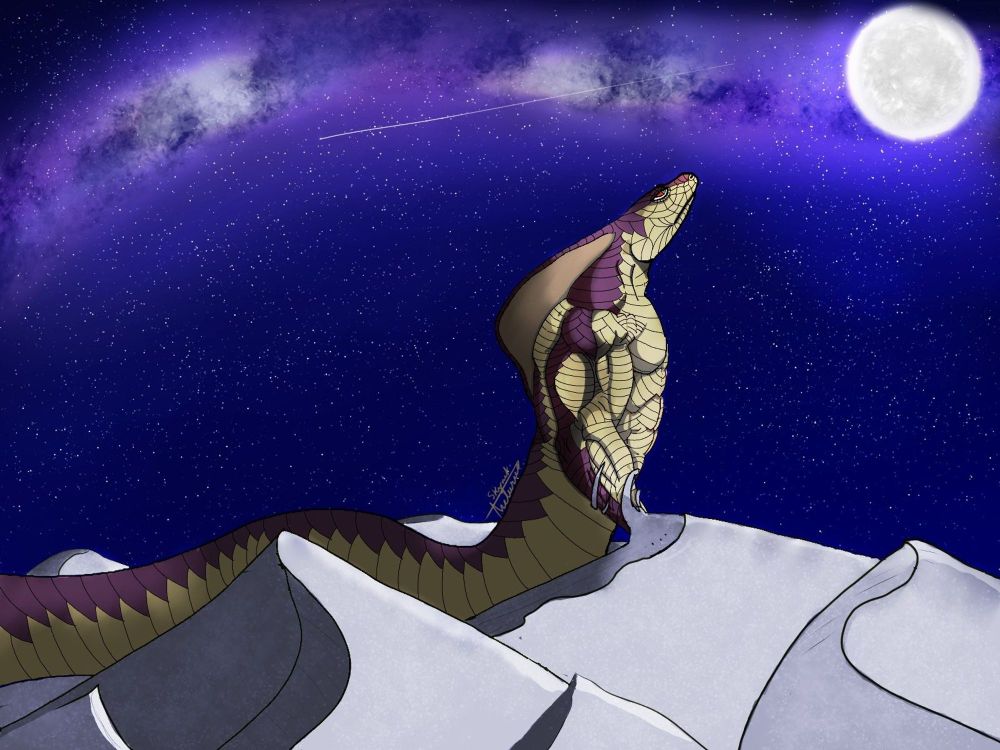 A scenery image at night, colossal Desert God between dunes under the milky way and starry night with bright full moon on the upper corner left. He is very colossal and has yellow scales on his underside, deep red on his back, and the top of his head and tail. He is very muscular and is looking at the full moon, thinking about his missing mother and the Desert is comforting him bit holding his right hand.