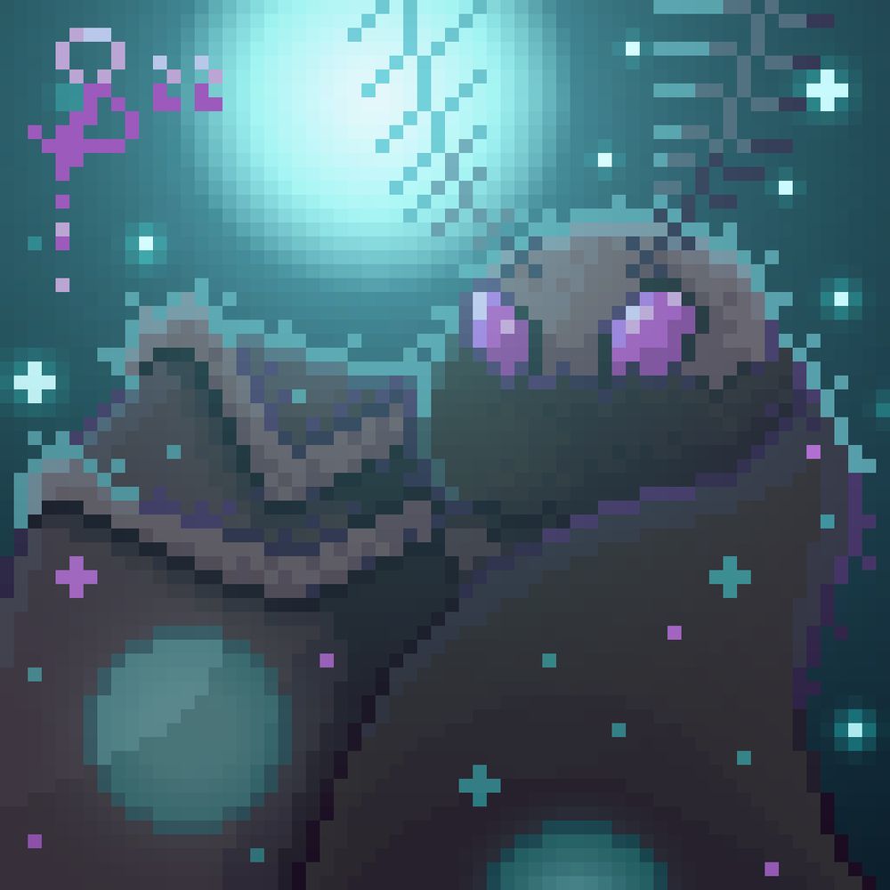 Pixel art from the prompt goth moth depicting an illuminated humanoid mothman type critter in the moonlight