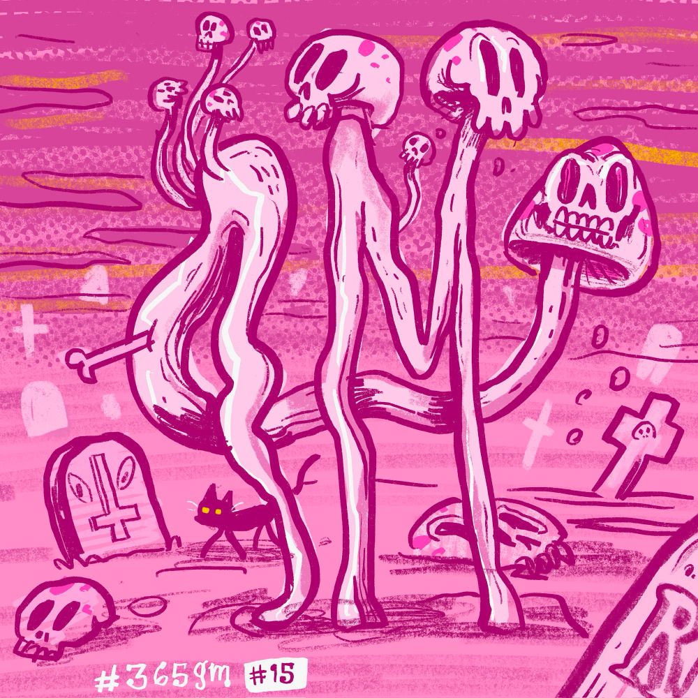 A stylized illustration of a graveyard in shades of pink, featuring tall, walking mushroom-creatures with skulls for heads, surrounded by tombstones and a small black cat