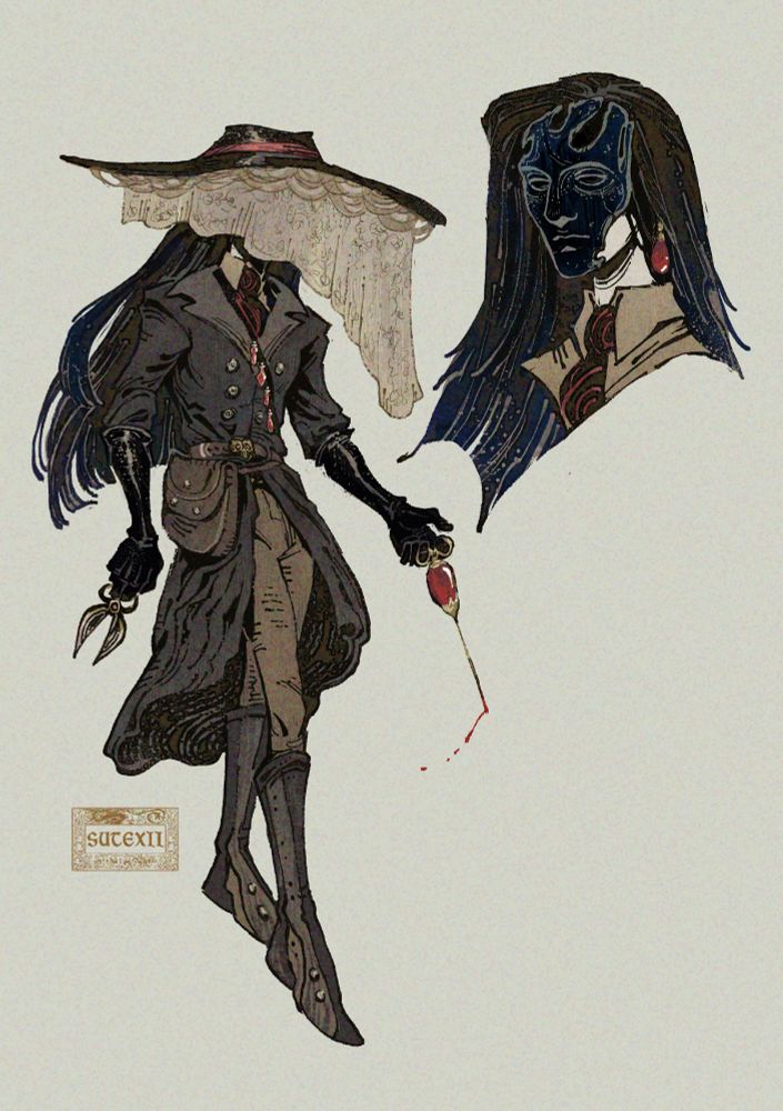Character design commission for a dark fantasy setting surgeon. A large uneven veil conceals the face, while vials of red liquid hang on a strap across the chest. They wear a stoic-faced mask.