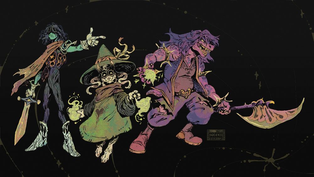 kris, ralsei, and susie from deltarune stand in a lineup. kris points forward, ralsei readies healing magic, and susie holds her axe and magic at the ready.