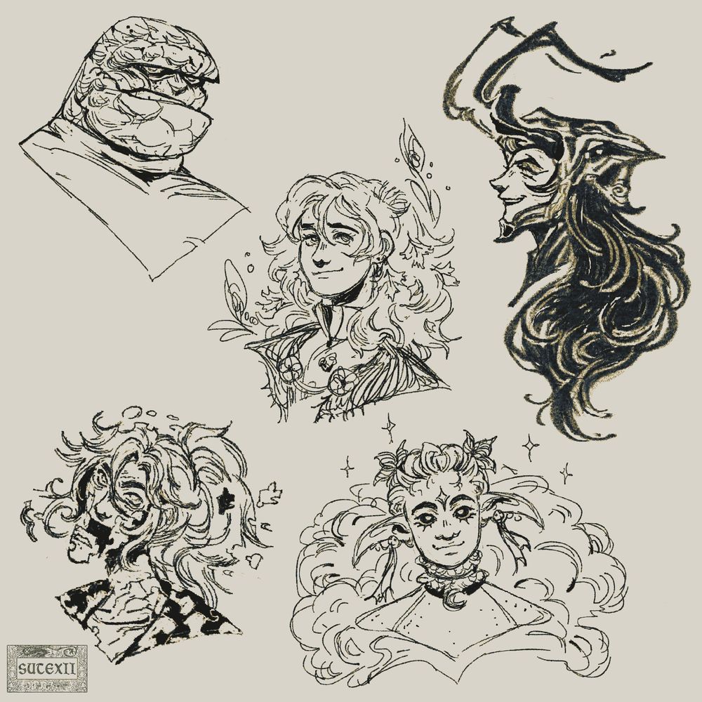 A collection of character sketches. Includes patrons oc's, as well as Thing from Fantastic Four and Loki Laufeyson from Marvel Rivals.