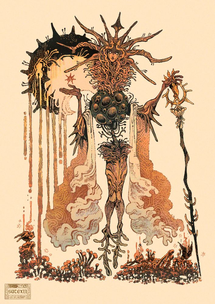 A large mushroom-warped woman stands holding the hand of her sword. Skeletons sit below her, and a broken moon bleeds onto them.
