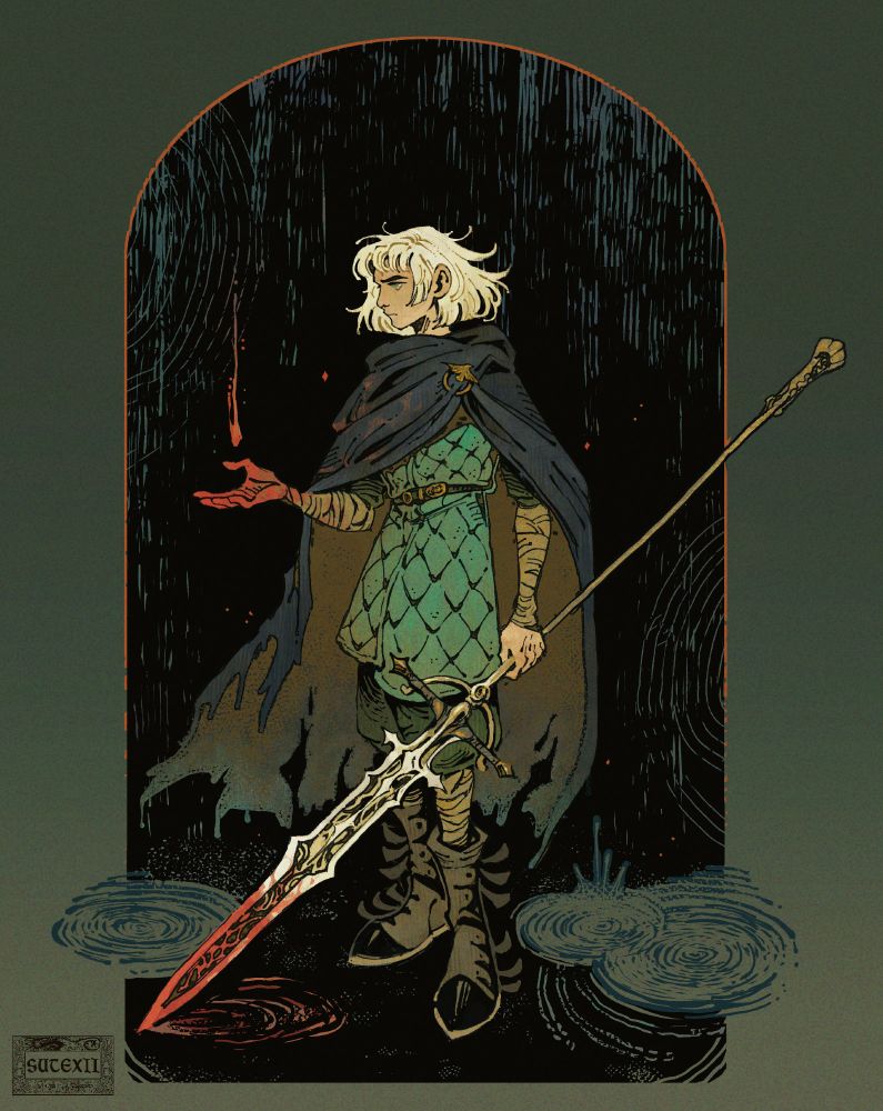 fullbody color commission. A character with white hair wears a cloak secured by a bird pin, blue tunic, and strapped boots. They hold a spear dripping blood into the rainwater at their feet. they appear contemplative as a red droplet falls into their hand.