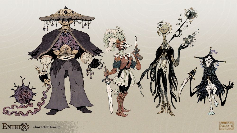 Character lineup - a squad of odd masked mercenaries 