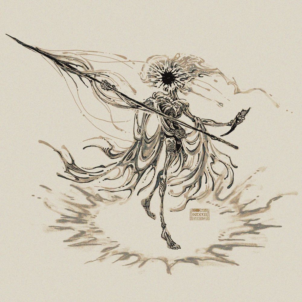 Wishlist fanart commission - Lord of Frenzied Flame Elden Ring. He stands in a fiery circle and extends his spear. 