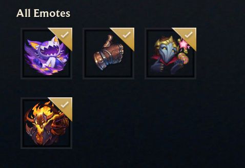 A screenshot of a small selection of emotes from TFT, including the new Viktor-y emote from Worlds.