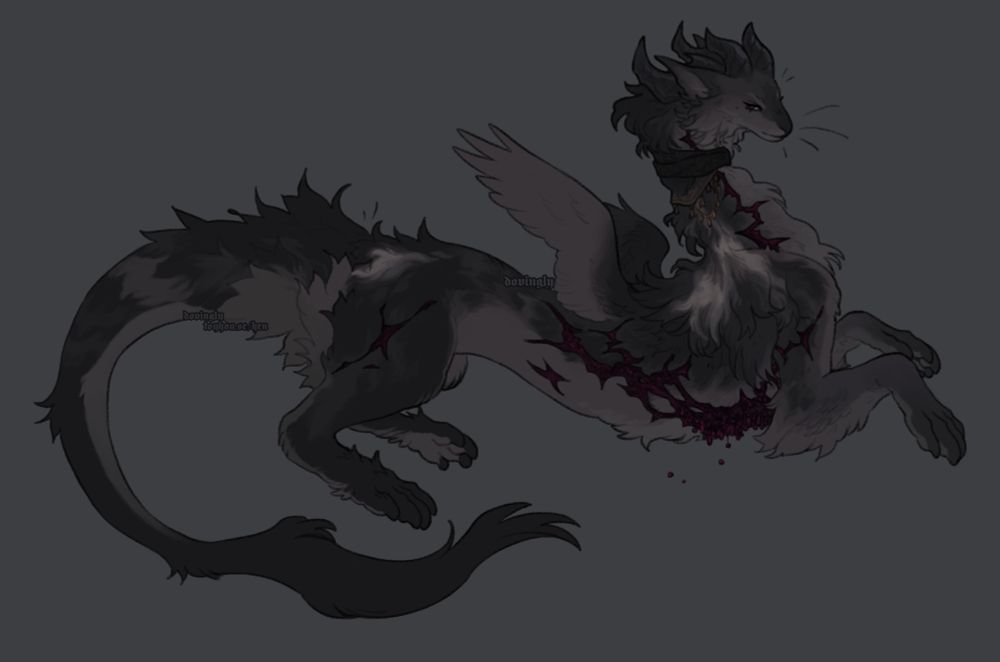 a muted grey-purple, furred dragon with small wings. They have greying fur streaks and cracks along their body housing bead-like droplets of purple-red.