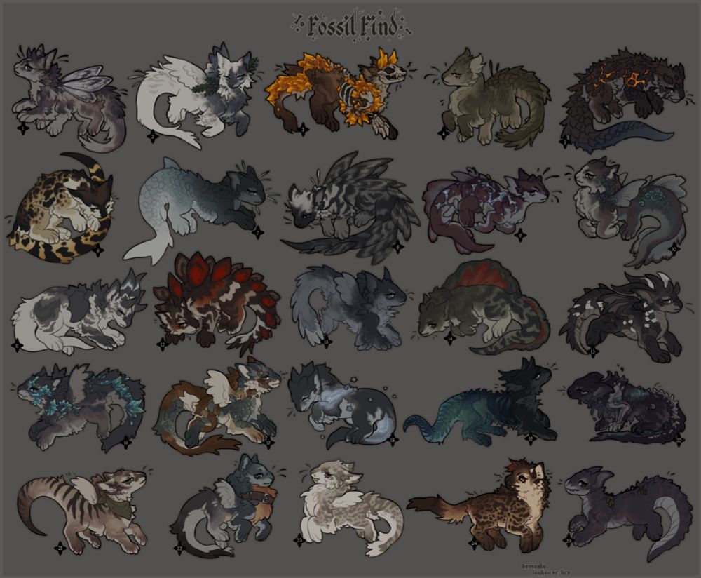 a sheet of twenty-five varying chibi furred dragon designs themed around natural history.
