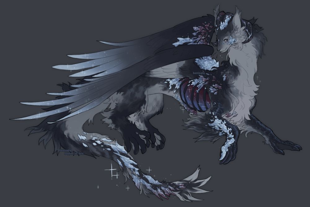 a grey-blue furred dragon with crystals growing along their body which shift from a pale, cool blue to red. they have an exposed rib cage with red-blue galaxy inside and sparkles along their crystalline growths. 