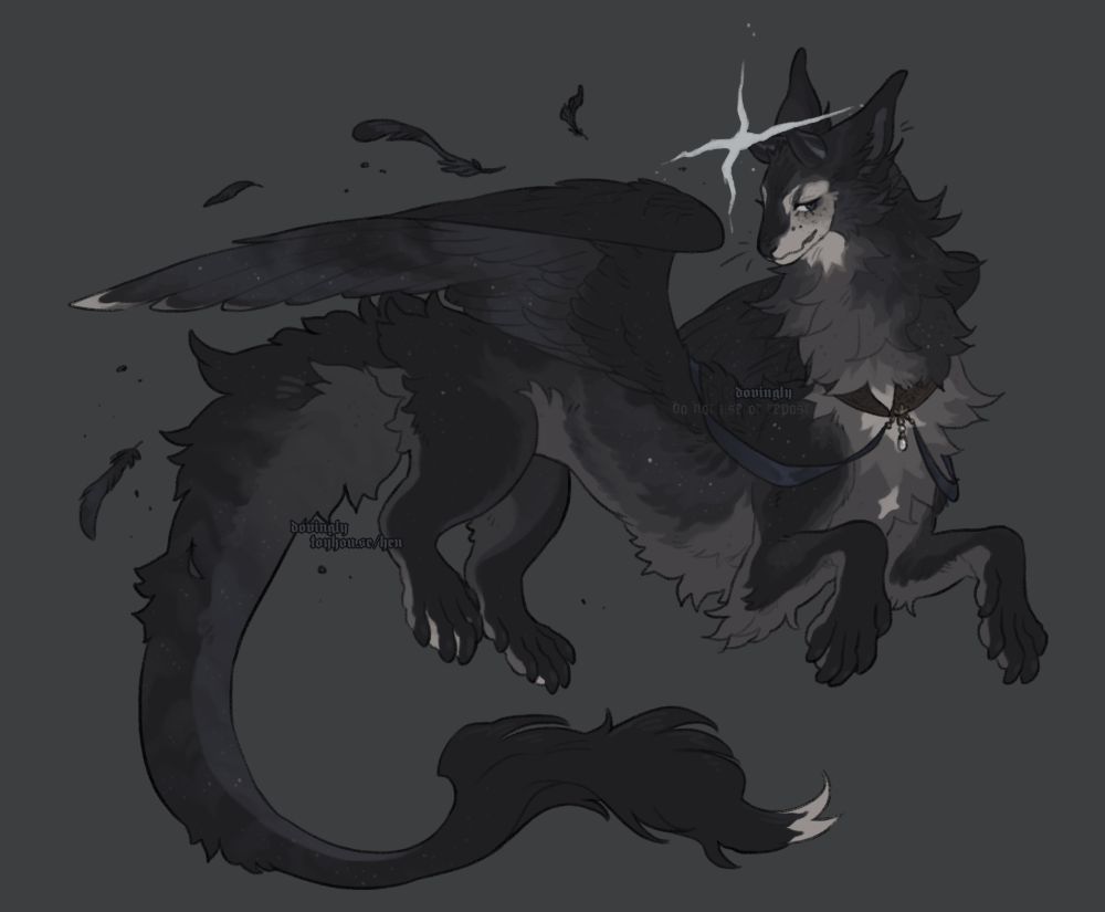 a grey-blueish furred dragon with star motifs and a star floating above their head.