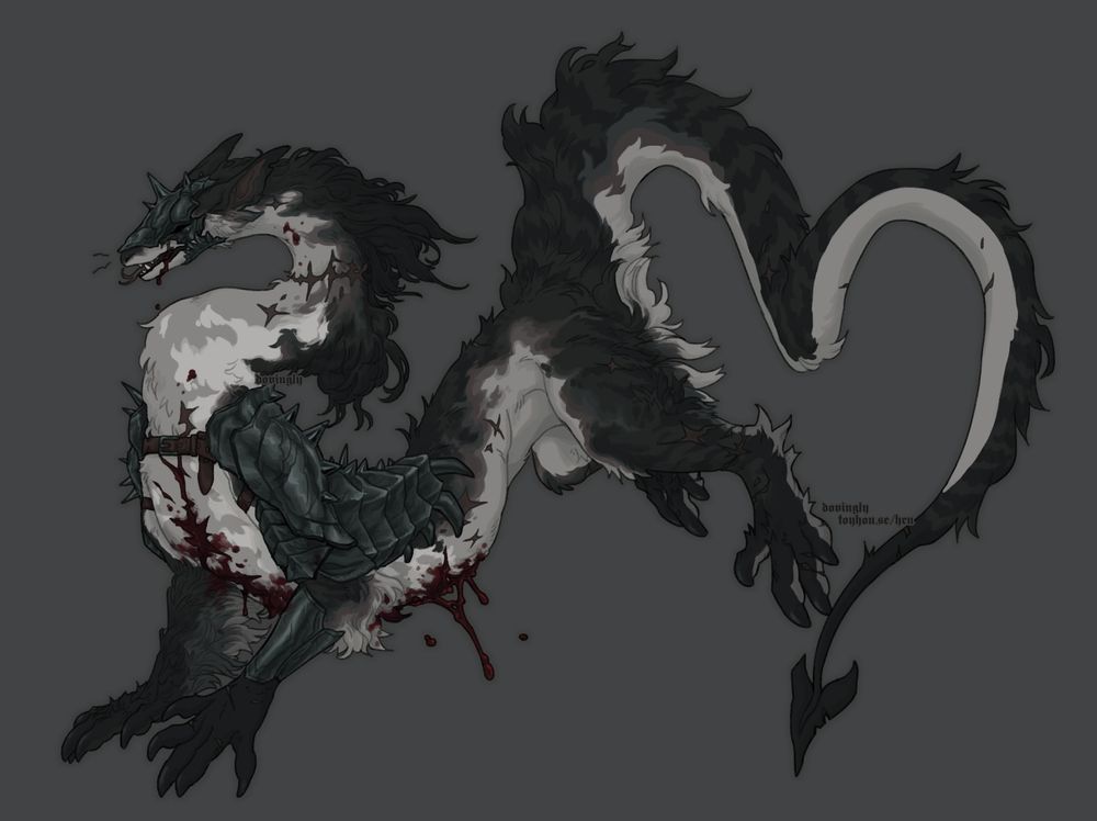 a dark-coloured, furred dragon with a helmet and plate armour along their shoulders, left arm and ribs. they have a plethora of scars and their right arm is asymmetrically larger and fluffier. their tail is shaped in a heart with their back legs, and they have a large, jagged cut down their chest and to their belly with blood dribbling out. 