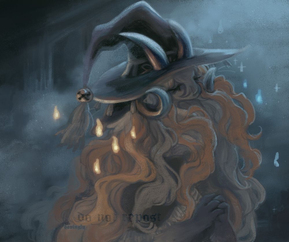an image of brown and orange dragon with flowing, wavy hair and a large hat; they are assumed to be a sorcerer, with small orange and blue flames floating on each side of her. she has her eyes closed and hands clasped together in a serene and hopeful expression. the background depicts a cloudy, murky and mystical tomb-like environment with moonlight filtering in from above.