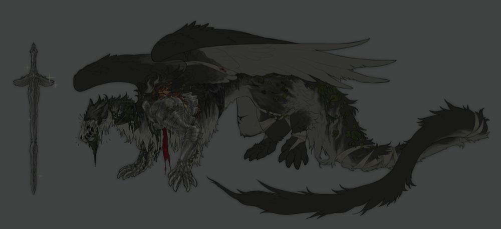 a dark grey-green furred dragon with armoured gauntlets and an armoured mask. they have mushrooms growing from their back and between the shoulder plating of the armour, as well as lichen growing and hanging from their body. parts of their limbs are bandaged and they have a large, ornamental broadsword design alongside them.