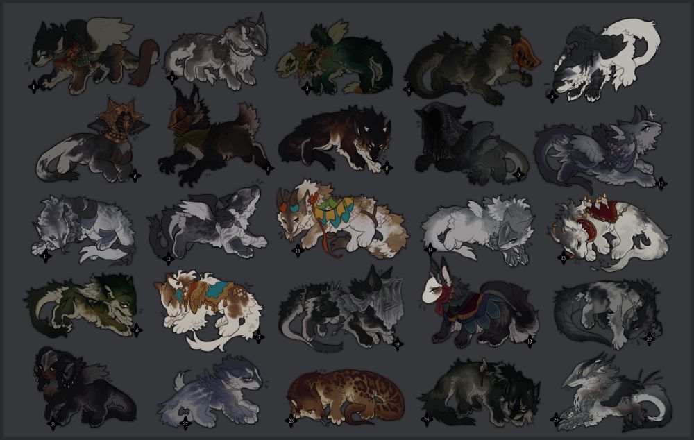 a page of twenty-five chibi designs, featuring various species but mostly dragons and beasts.