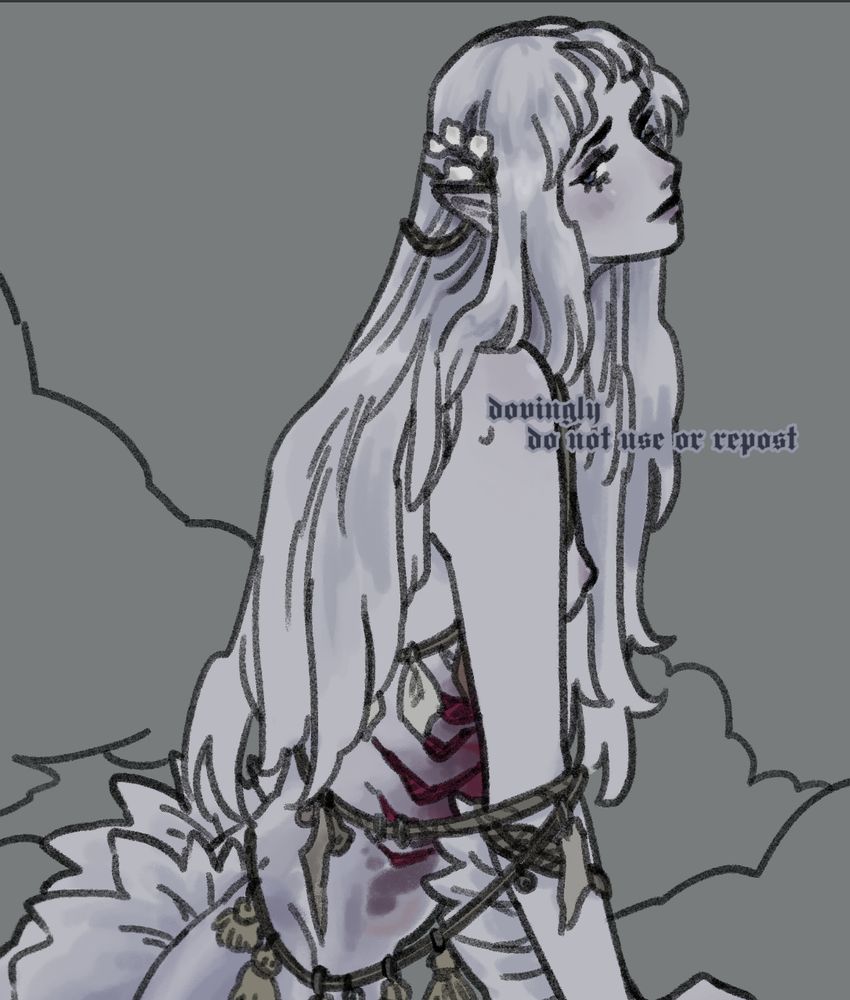 a waist-up cropped image of Evvie, a pale mermaid creature. she has flowers in her hair and ropes with adornments tangled around her waist and arms; she glances sideways at the viewer.