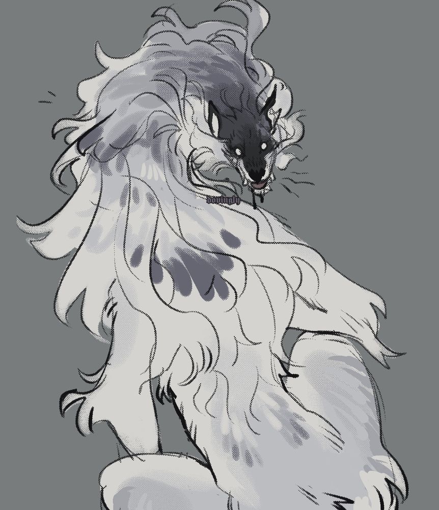 another long, lanky werewolf with their back to the viewer, head turned to stare at the viewer in a snarl. their limbs and neck are strangely long and their silvery fur is very flowy and soft looking.