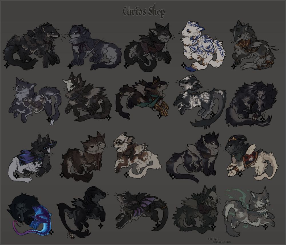 a sheet of varying furred dragon chibi designs based on trinkets in antique and curio shops