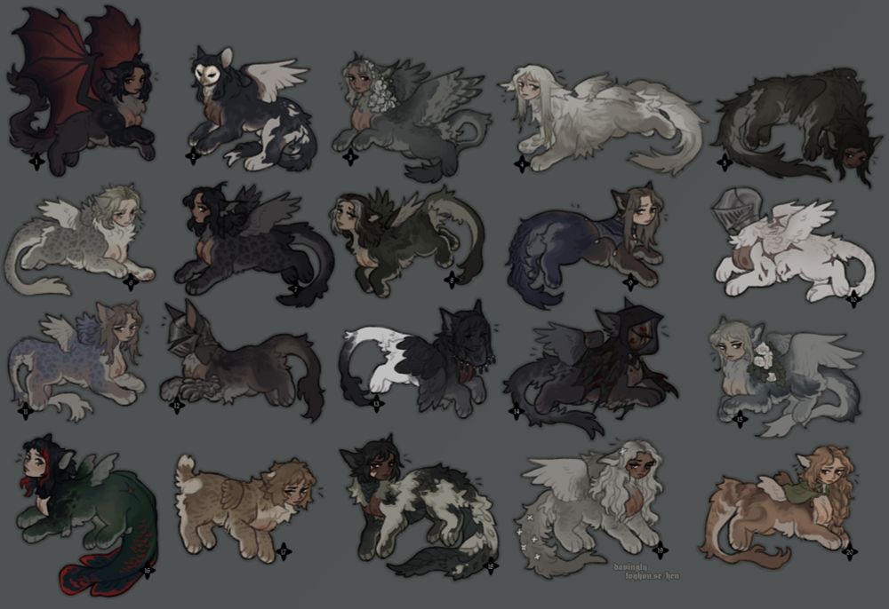 a page of twenty chibi sphinx designs, all varying in colour and pattern.