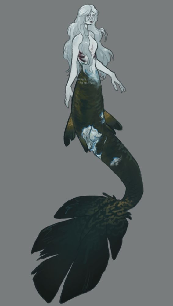 Another strange, lanky mermaid-ish creature that is a sickly pale blue colour. Her large green iridescent tail is largely in contrast with her pale upper half, and has scarring that reveals tender pale flesh beneath lost scales. She has stark red gills along her ribs that stand out against her skin, and her long tail has yellow striping at the end that fades out into the large fins.