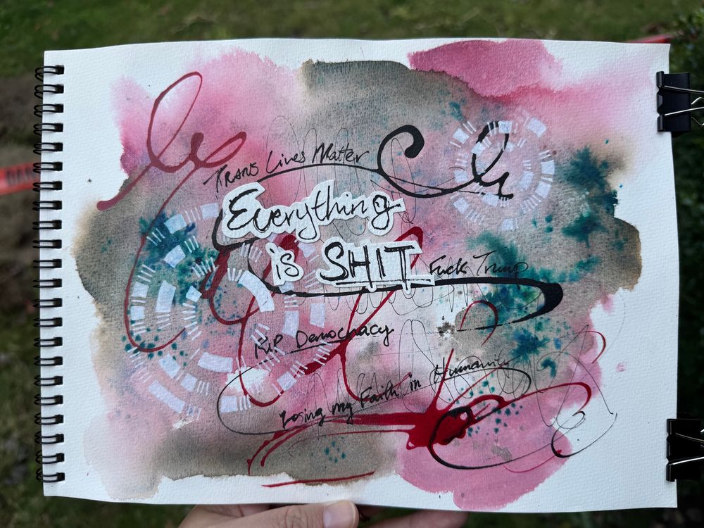 Mixed media art in browns and pinks with emotive ink splatters and the words “Everything is SHIT”