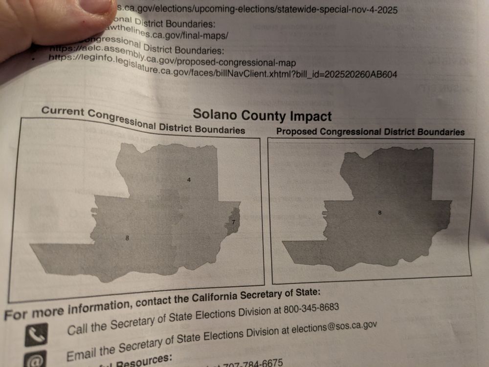 The impact statement of prop 50 for Solano county, showing that all of the county is being folded into one district with the population center of Vallejo where all us cool people live