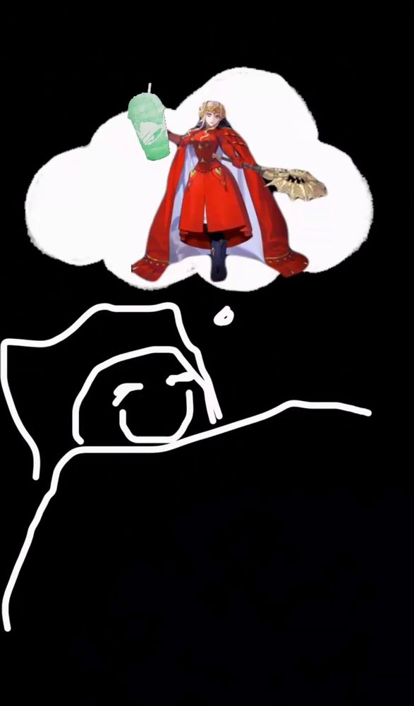 real bad snapchat drawing/collage. stick figure me is in bed under the covers, smiling away all dopey-like, dreaming of edelgard von hresvelg from fire emblem three houses. she’s holding a mt. dew baja blast freeze from taco bell. god i wish this dream was real i could really go for a baja