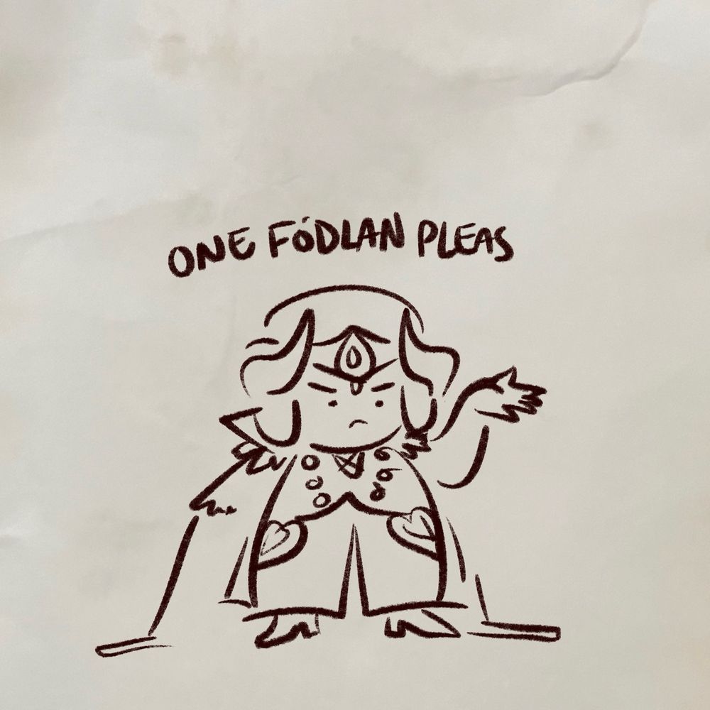 it’s edelgard von hresvelg from fire emblem three houses, some might say, if edelgard was a crudely drawn fat little baby. she’s frowning madly and has one hand held out, announcing “one fódlan pleas”