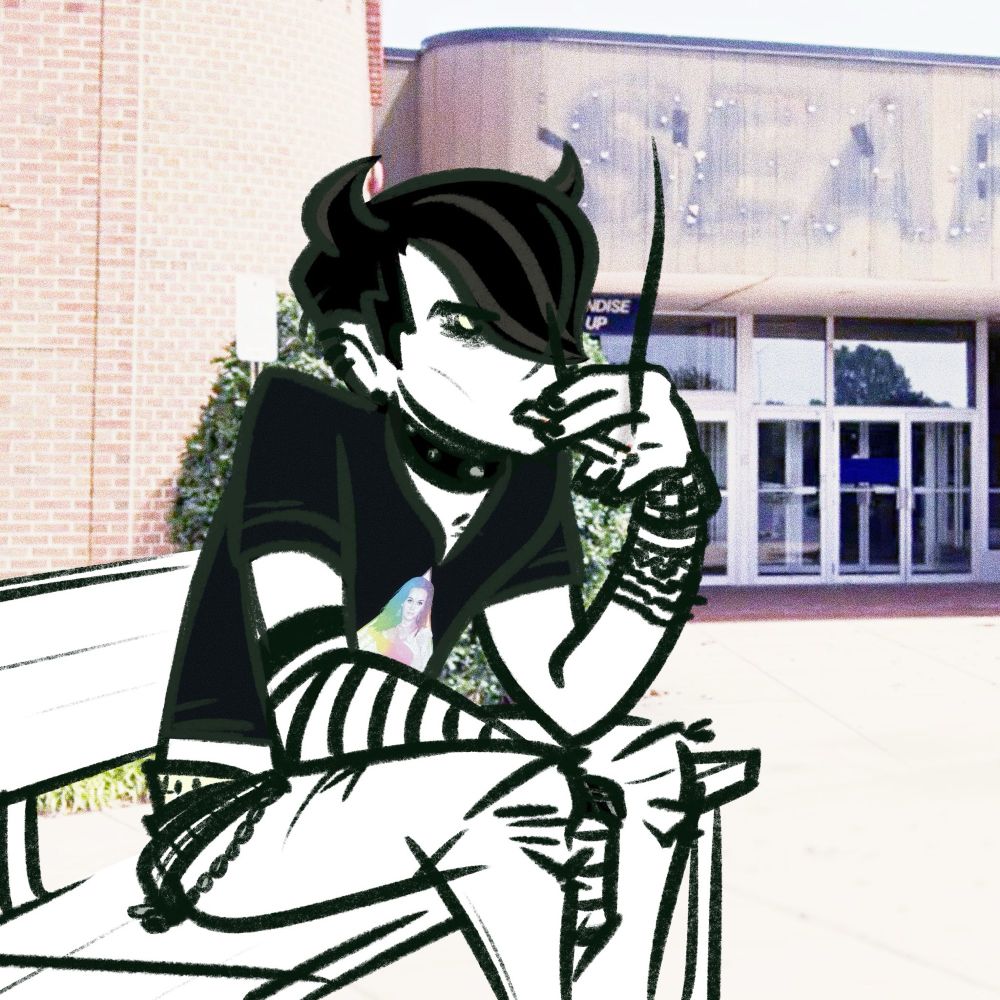 it’s hubert von vestra from fire emblem three houses, i think. his devil-horned dark  hair and glowering expression are the same but he’s in a very different outfit and is sitting on a bench outside a dilapidated sears, smoking a cigarette and looking like he recently won a hot topic sweepstakes. he’s wearing a much-too-tight black katy perry prismatic tour tee (that he’s cut into a v-neck himself), ripped skinny jeans, a chain wallet, a studded belt and bracer, a spiked collar, a ska-print wristwarmer, WAY too many sillybandz, and a single striped armwarmer. he painted his nails black and is rocking some nasty raccoon-eyed mascara. in a few years he will have some significant revelations about his gender identity but in the meantime he is stuck here waiting for his mom to drive up in the minivan to take him home from the mall.