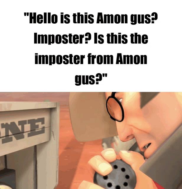 a cartoon of a man holding a bomb with the words " hello is this amon gus imposter "