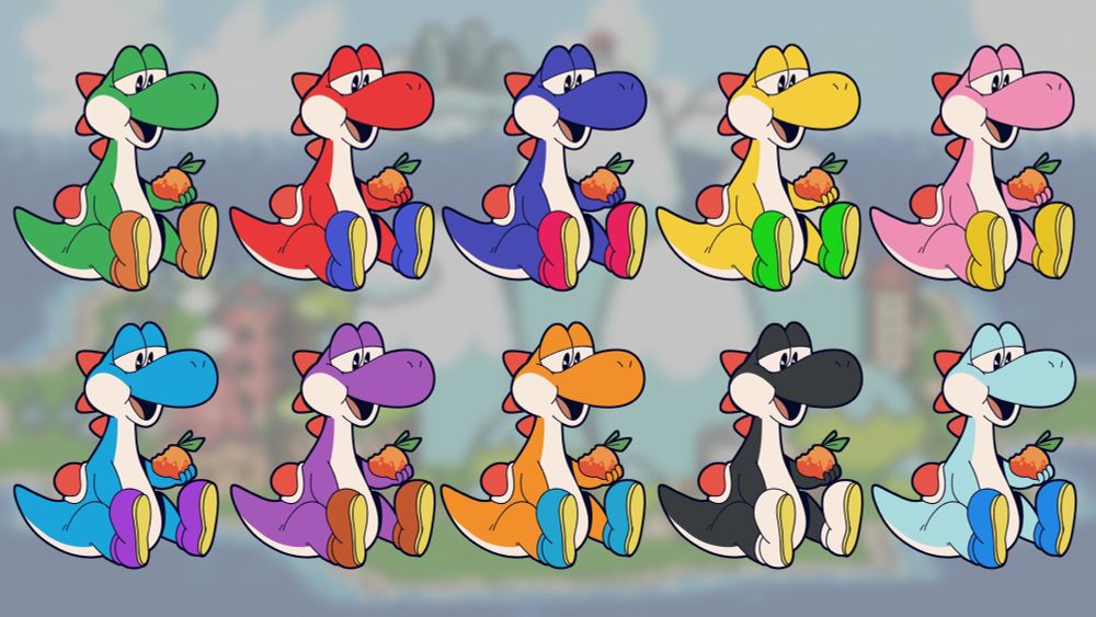 Different colored Yoshi’s eating fruit. 