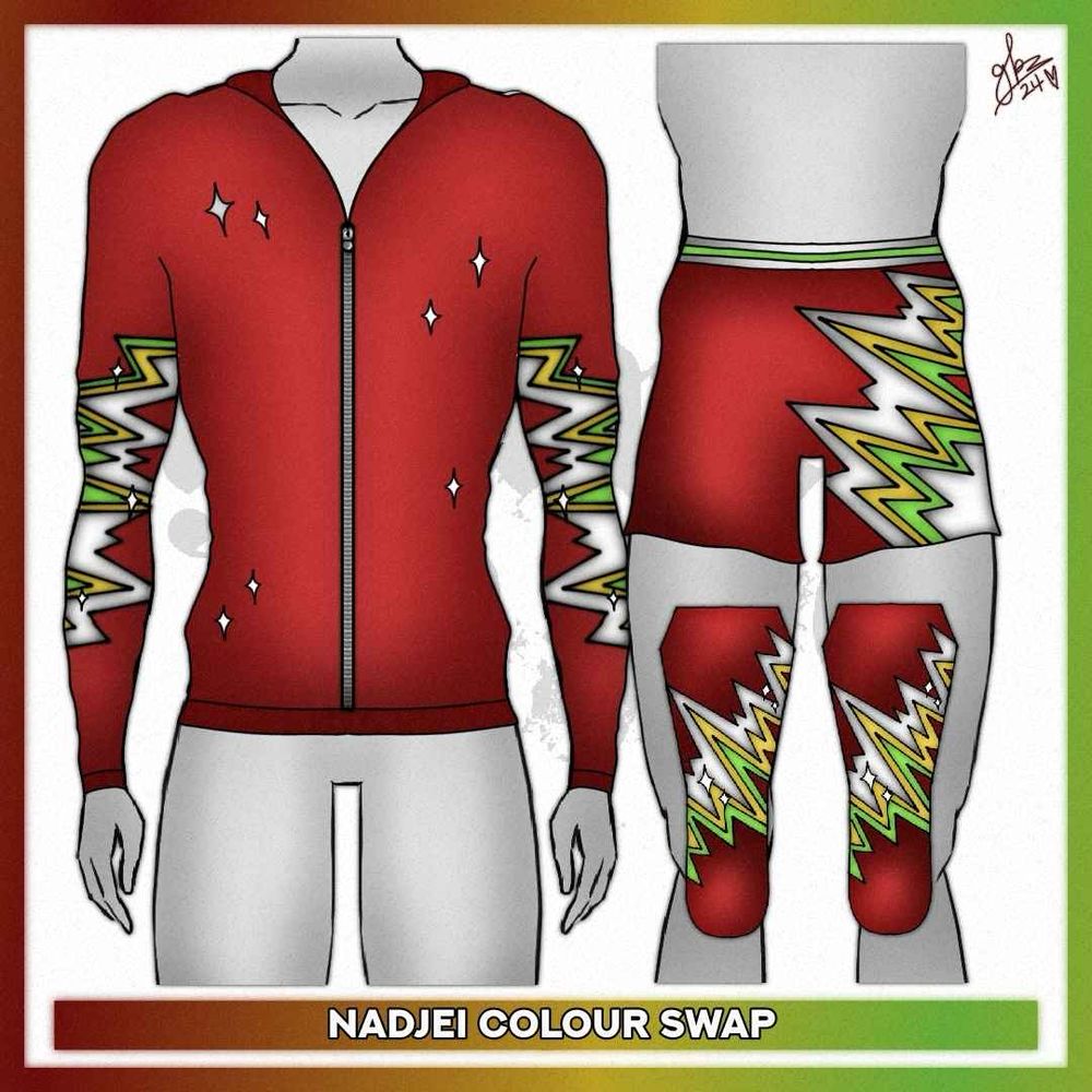 a red hoodie, shorts and kick pads with green, white and yellow waves. 