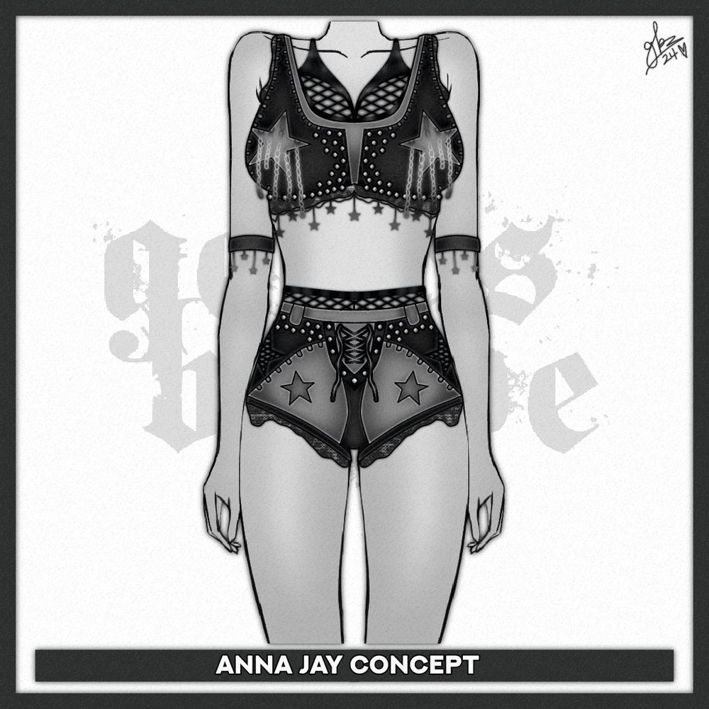 a black and grey wrestling gear with chains, stars, fishnet material and lace netting. 