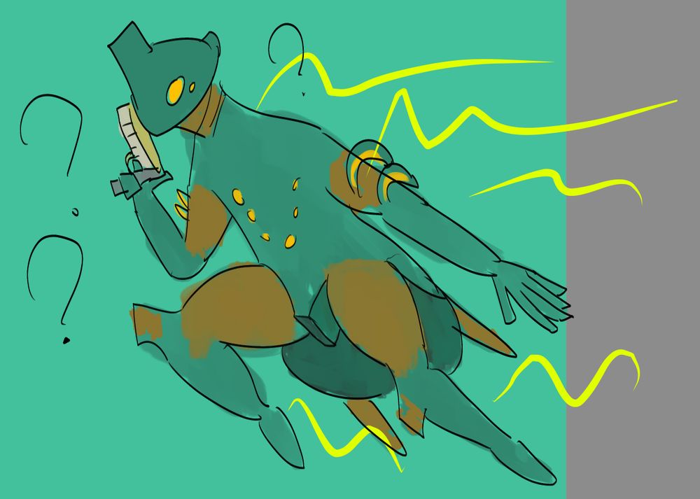 Volt (from warframe). On a green background, though to the right there is a strip of grey. He's sort of... jumping? While squatting? He looks messed up, frankly. His face is so simplified that it's hard to say it looks like him, his chest doesn't have anything on it except for yellow lights in the wrong formation. He is holding a lex pistol and yellow lightning drags behind him and to the right