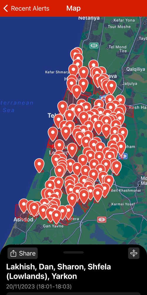 Screenshot Warn-App mit Alarmen bis fast nach Netanya.